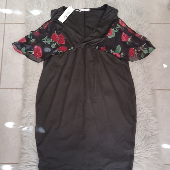 Rosegal Black Short Sleeved Cold Shoulder Floral Dress Size 5XL - Picture 2 of 9